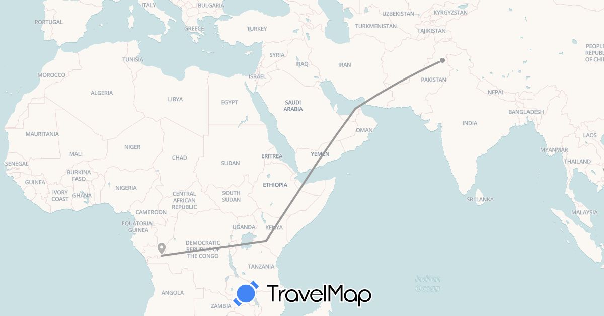 TravelMap itinerary: plane in United Arab Emirates, Democratic Republic of the Congo, Kenya, Pakistan (Africa, Asia)